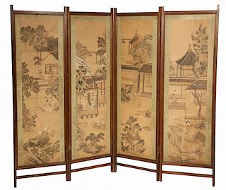 19TH C. CHINESE SCROLL PAINTINGS AS FOLDING SCREEN