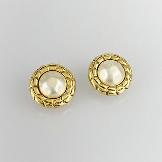 CHANEL QUILTED FAKE PEARL GOLD PLATED EARRINGS
