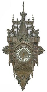 FRENCH GOTHIC REVIVAL SILVERED METAL ARCHITECTURAL WALL CLOCK
