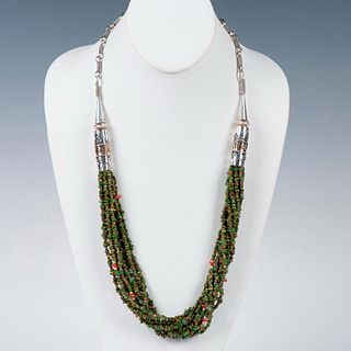 Navajo Sterling Silver, Red Coral & Green Turquoise Necklace