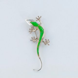 Sterling Silver and Green Turquoise Gecko Pin-Pendant