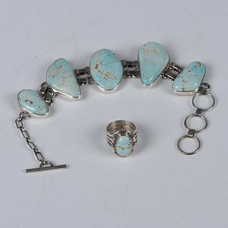 2pc Turquoise & Sterling Silver Bracelet & Ring Set