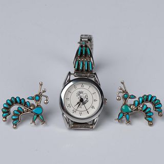 3pc Sterling Silver and Turquoise Earrings and Watch
