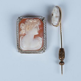 2pc Vintage 14K White Gold Cameo Brooch & Gold Stick Pin
