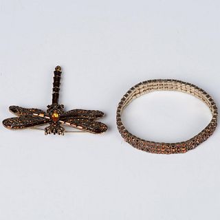 2pc Dragonfly Rhinestone Brooch & Stretch Bracelet