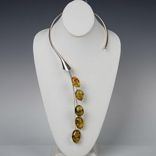 Sterling Silver and Amber Drop Necklace