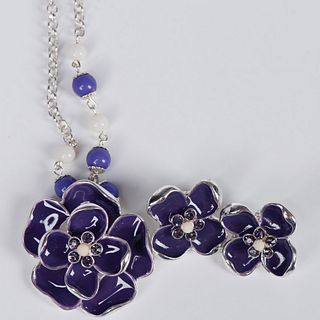 3pc Robert Rose Enameled Flower Necklace and Earrings