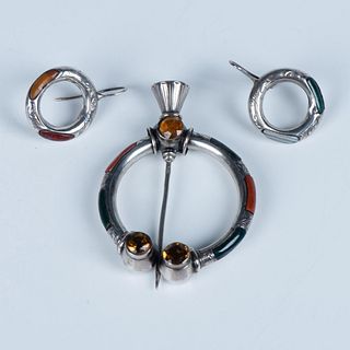 3pc Victorian Sterling Silver Penannular Brooch & Earring Set