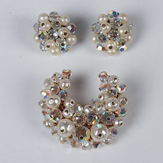 3pc Vintage Crystal & Bead Costume Brooch & Earring Set