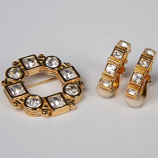 3pc Gold Tone and Crystal Brooch and Earrings