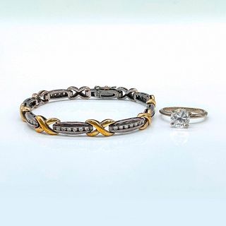 2pc Elegant Two Tone Sterling Silver Cubic Zirconia Bracelet and Ring