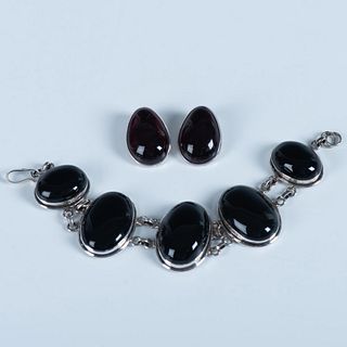 2pc Sterling Silver and Dark Amber Bracelet and Earrings