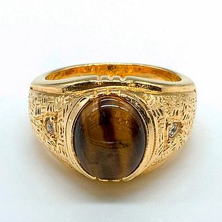 Classic Gold Tone Tiger's Eye and Cubic Zirconia Men's Ring