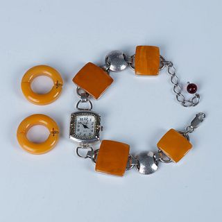 4pc Amber Bracelet, Watch and Earrings