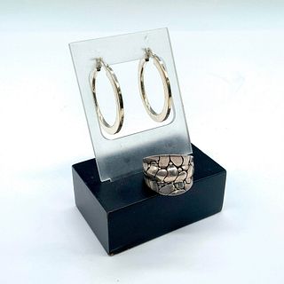 2pc Contemporary Sterling Silver Ring and Hoop Earrings