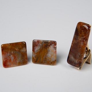 3pc Agate Cuff Link and Tie Clip Set