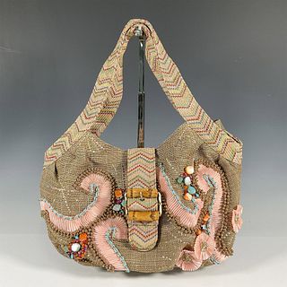 Mary Frances Large Burlap Embellished Handbag