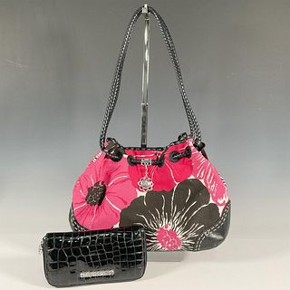 2pc Brighton Canvas Handbag + Wallet, Black/White/Pink