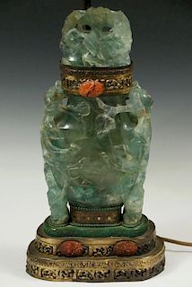 CHINESE CARVED JADE AS TABLE LAMP BASE