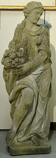 Garden figure, female draped robe holding basket of fruit with separate square base, limestone or concrete, late 19th to earl