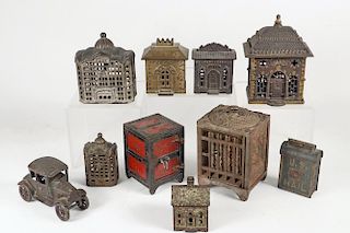 (9) ARCHITECTURAL IRON COIN BANKS & (1) AUTOMOBILE TOY