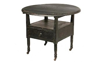 EARLY BLACK PAINTED CHAIR TABLE
