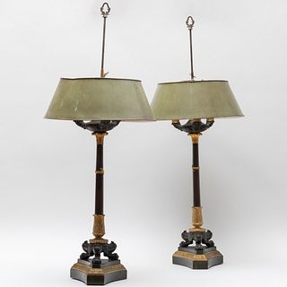 Pair of Louis-Philippe Gilt and Patinated Bronze Three-Light Candelabra with Retractable Tôle Shades