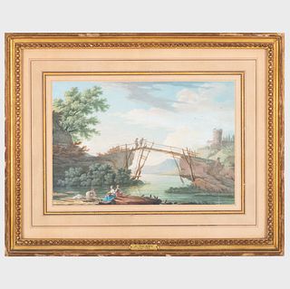 Attributed to Jean Henry (1734-1784): River Landscape with a Rustic Bridge and Washer- and Fisher-Women In The Foreground