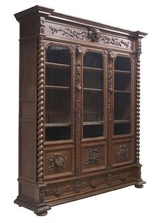 FRENCH CARVED OAK LIBRARY TRIPLE BOOKCASE