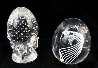 STEUBEN CRYSTAL-CONTROLLED BUBBLE EGG PAPERWEIGHT & WHITE SWIRL PAPERWEIGHT