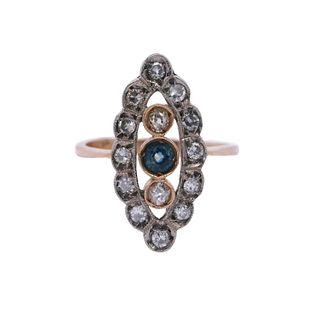 18k Gold Antique Navette Ring with Diamonds and Sapphires