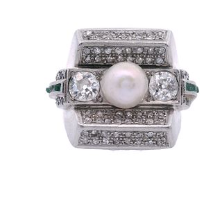 Platinum Deco Ring with Diamonds, Pearl and Emeralds