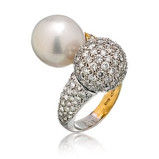 Vintage Bypass Pave Diamond & South Sea White Pearl Gold Ring.