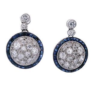Platinum Drop Earrings with Diamonds and Sapphires