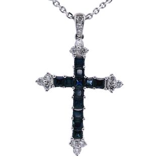 18kt Gold Cross Pendant Necklace with Sapphires and Diamonds