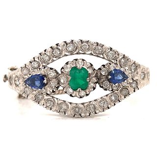 18K White Gold Diamond, Emerald, & Sapphire Bangle