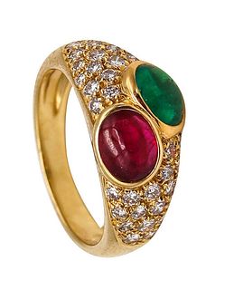 Bvlgari France Doppio Ring In 18Kt Gold With 2.74 Ctw In Diamonds Emerald & Ruby