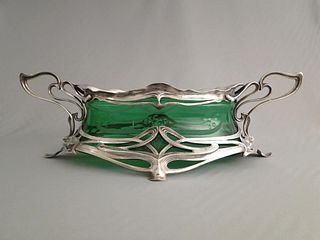 HUGE WMF ART NOUVEAU JARDINIERE GERMANY with
ORIGINAL GREEN GLASS LINER