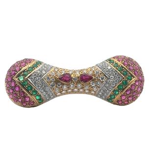 18k Gold Brooch with 8.47 Ctw in Diamonds, Rubies and Emeralds