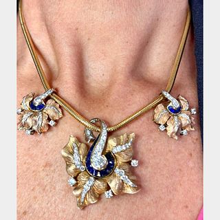 Retro FONTANA ROMA 18K Yellow Gold Diamond & Sapphire Necklace