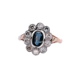 14k Gold and Platinum Rosetta Ring with Sapphire and Diamonds