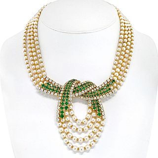 Chaumet Platinum & 18K Yellow Gold 10cttw Diamond, Emerald And Pearl MultiStrand Necklace