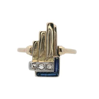 MOSERA 18kt and Platinum Deco Ring with Sapphires and Diamonds