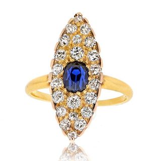 Tiffany & Co. 14K Yellow Gold Burma Sapphire And Old Cut Diamond Navette Ring