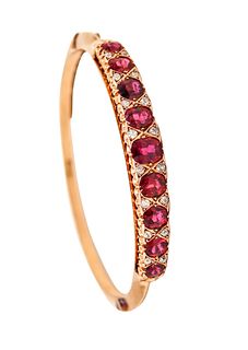 Victorian 1880 Bangle Bracelet In 15kt Gold With 14.35 Ctw Rubies And Diamonds