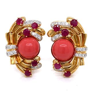 18K Yellow Gold Burma Ruby, Coral, & Diamond Earrings