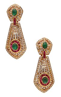 Dangle Drop Earrings In 18Kt Gold With 7.92 Ctw In Diamonds Rubies And Emeralds