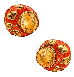 Elizabeth Gage 1993 London Enameled Lions Clips Earrings In 18Kt Gold With Citrine