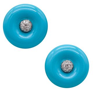 Modern Round Turquoise Earrings In 18Kt White Gold With VS Diamonds
