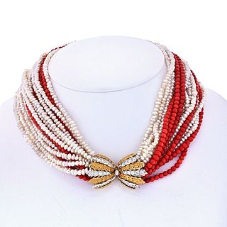 Buccellati 18K Yellow Gold 16 string Coral, Pearl Diamond Clasp Necklace